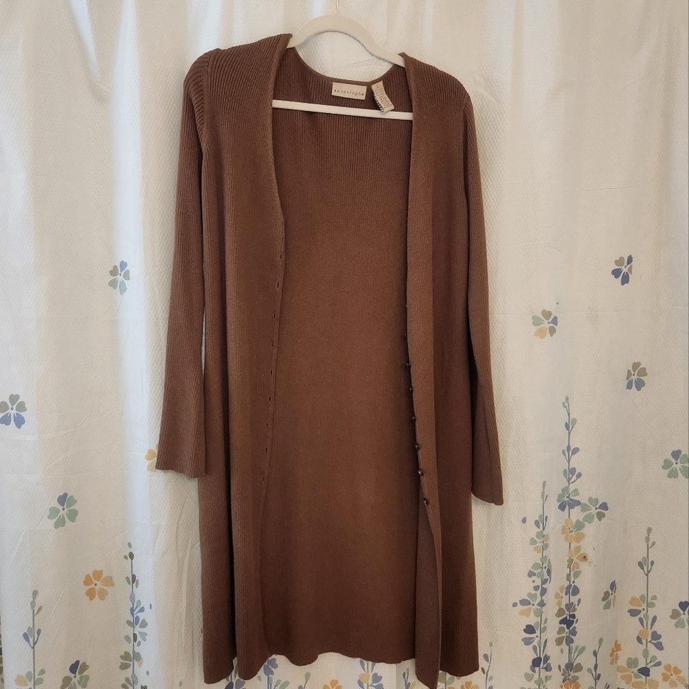 APOSTROPHE LONG SLEEVE BUTTON CARDIGAN, SIZE SMALL, BROWN
